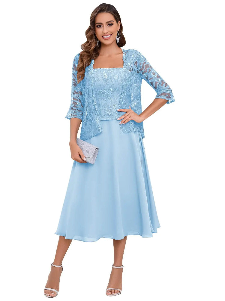 Light blue two-piece chiffon dress with lace-textured bodice and flared skirt