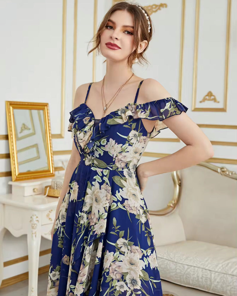 Navy floral chiffon dress bodice with off-shoulder ruffle and spaghetti straps.