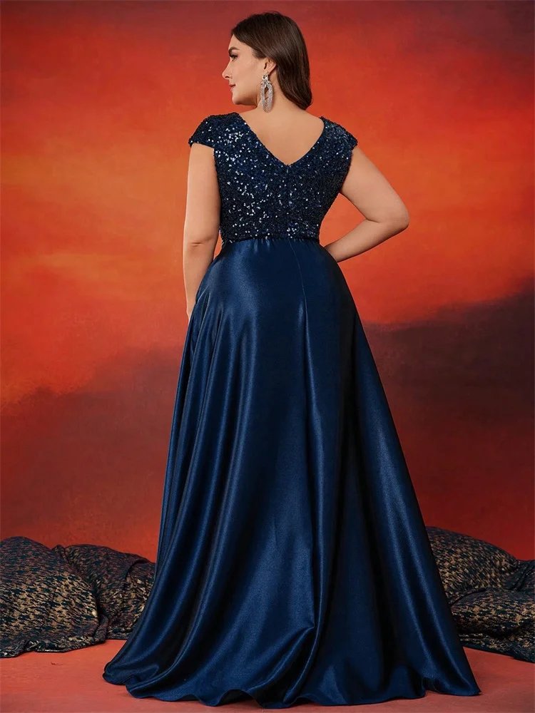 Plus Size Satin Sequin Short Sleeve Evening Dress