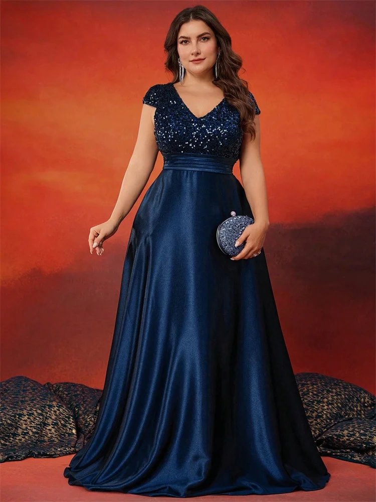 Plus sizes navy satin v-neck and back long evening dress- formal elegance