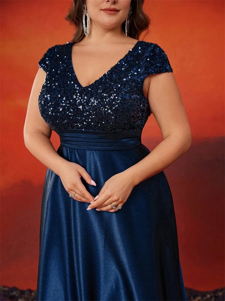 Plus Size Satin Sequin Short Sleeve Evening Dress