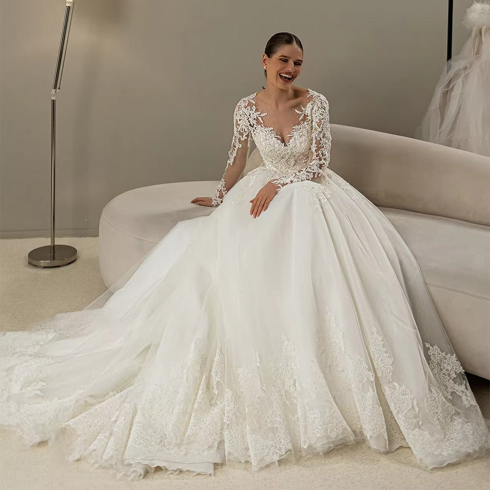 Luxury Lace Pearls Long Sleeve A Line Wedding Dress