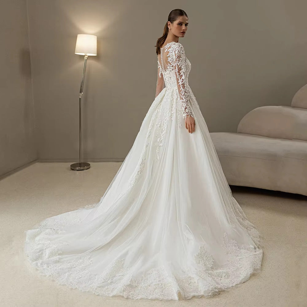 Luxury Lace Pearls Long Sleeve A Line Wedding Dress