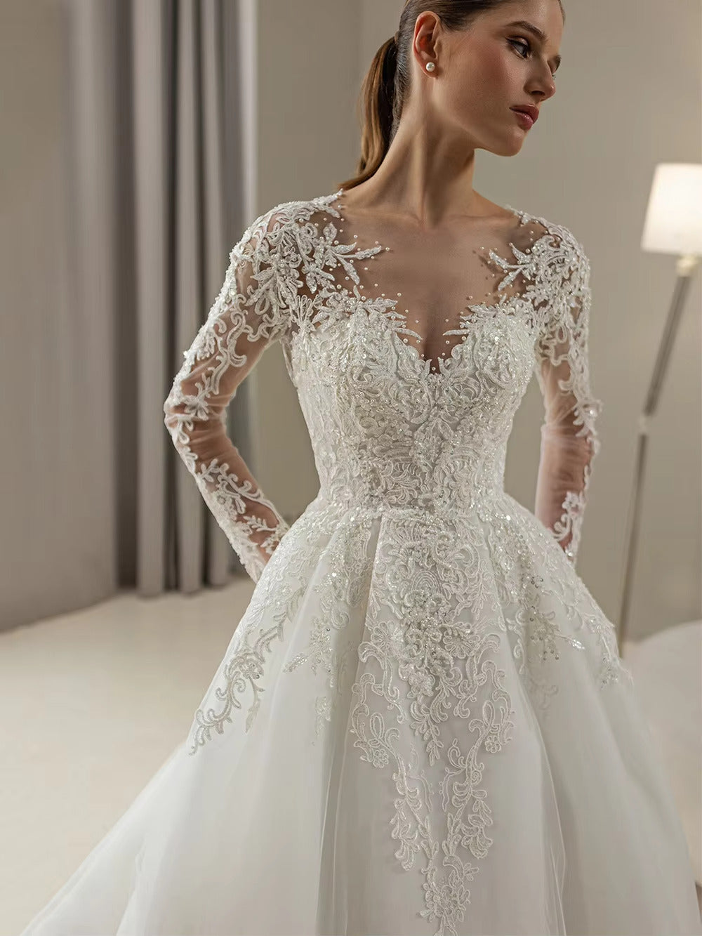 Luxury Lace Pearls Long Sleeve A Line Wedding Dress