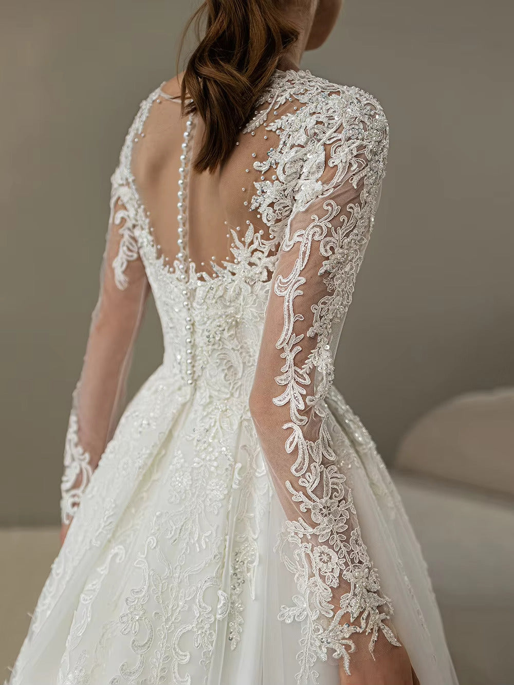 Luxury Lace Pearls Long Sleeve A Line Wedding Dress