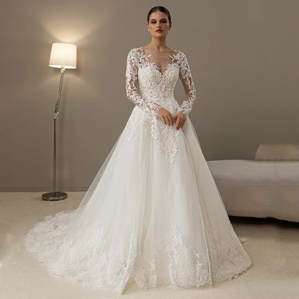 Luxury lace and beading white or ivory long sleeved wedding dress-Formal Elegance