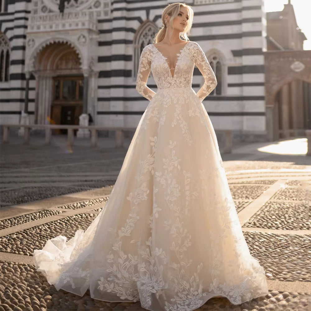 Elegant Lace Long Sleeves A Line Wedding Dress