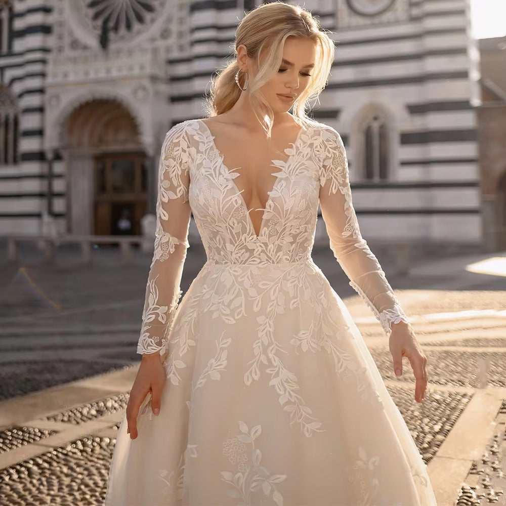Elegant Lace Long Sleeves A Line Wedding Dress