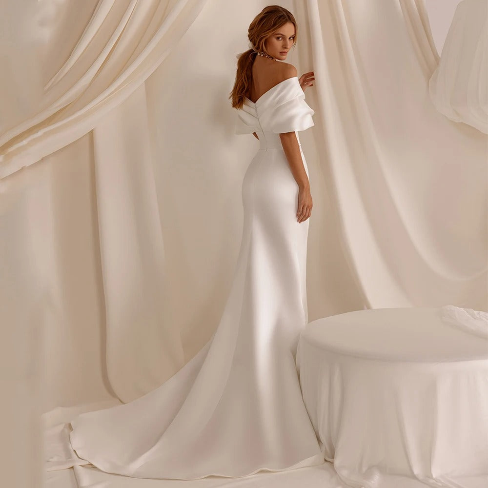 Off shoulder open back satin wedding dresses in in sizes 2-26w- formal elegance