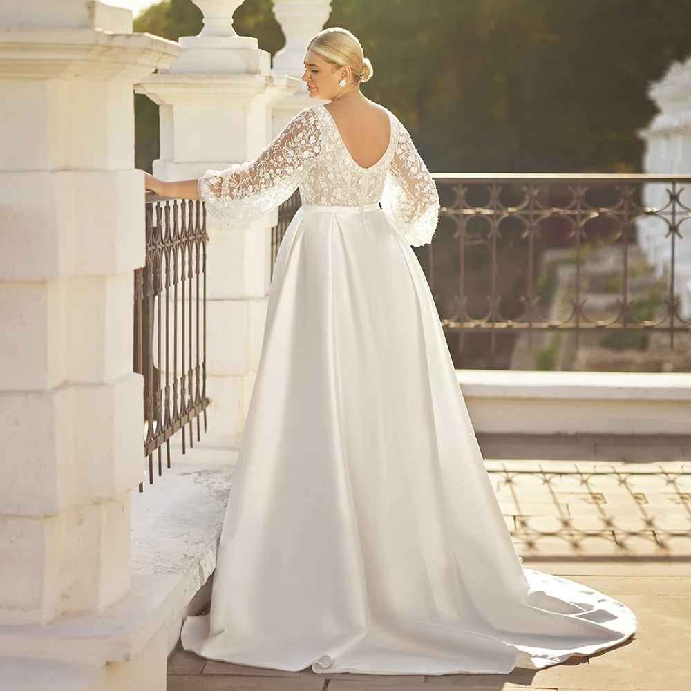 Plus size open back long sleeve satin bridal gown-formal elegance