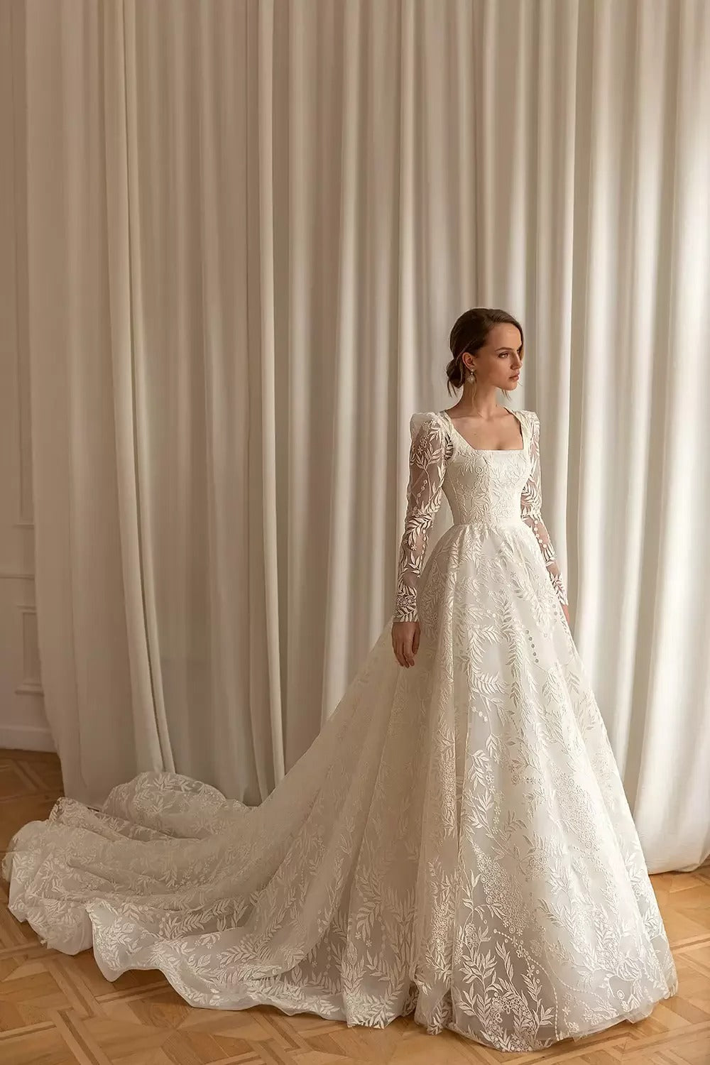 Square neckline lace wedding gown-formal elegance