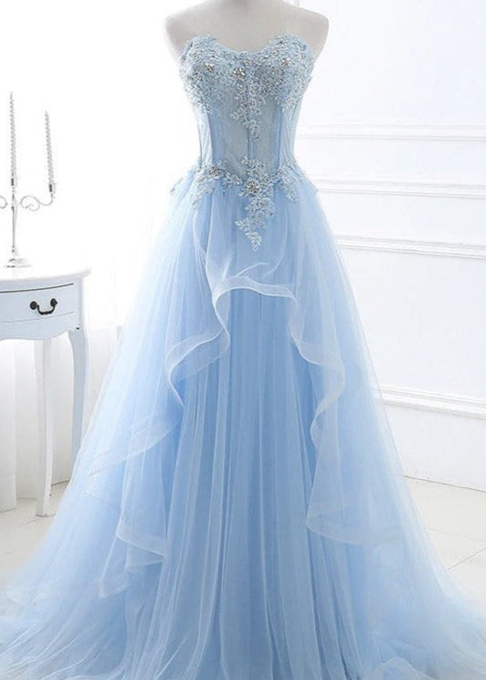 sky blue beaded strapless a-line tulle formal dress-formal elegance