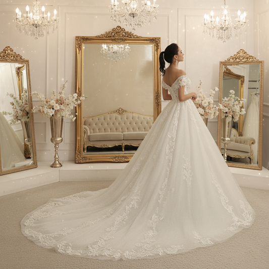 Ivory off-shoulder lace princess wedding dress with airy skirt and embroidered details