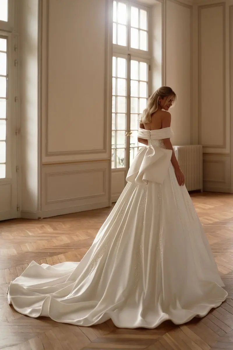 Off The Shoulder Beaded Satin Princess Bridal Gown