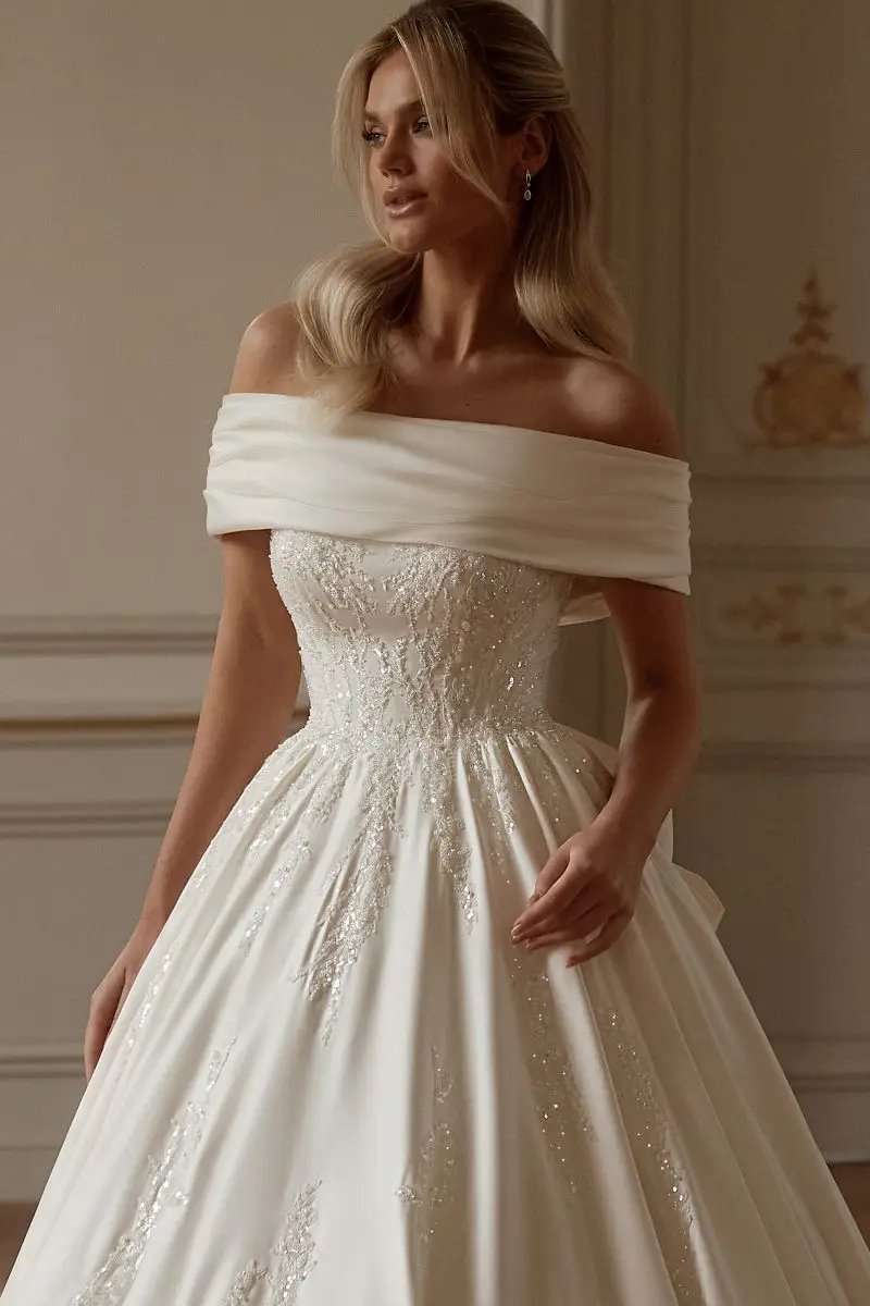 Off The Shoulder Beaded Satin Princess Bridal Gown