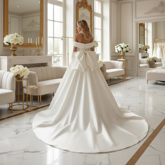 Back view off-shoulder beaded satin bridal gown with bow-tied back detail