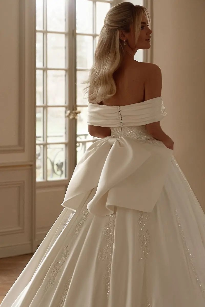 Off The Shoulder Beaded Satin Princess Bridal Gown