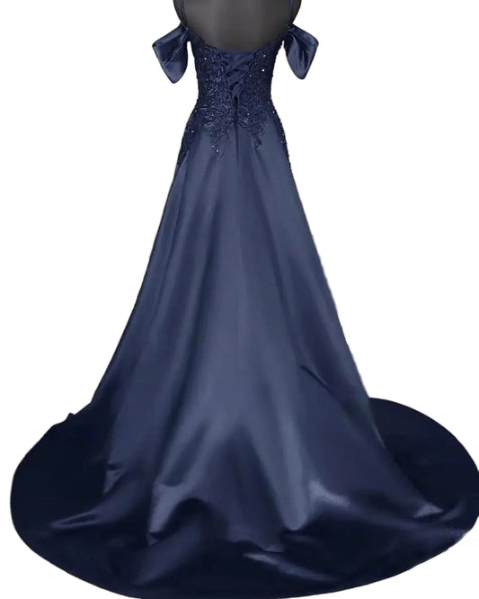 Navy satin A-line floor-length dress with beaded back bodice and draped sleeve accents