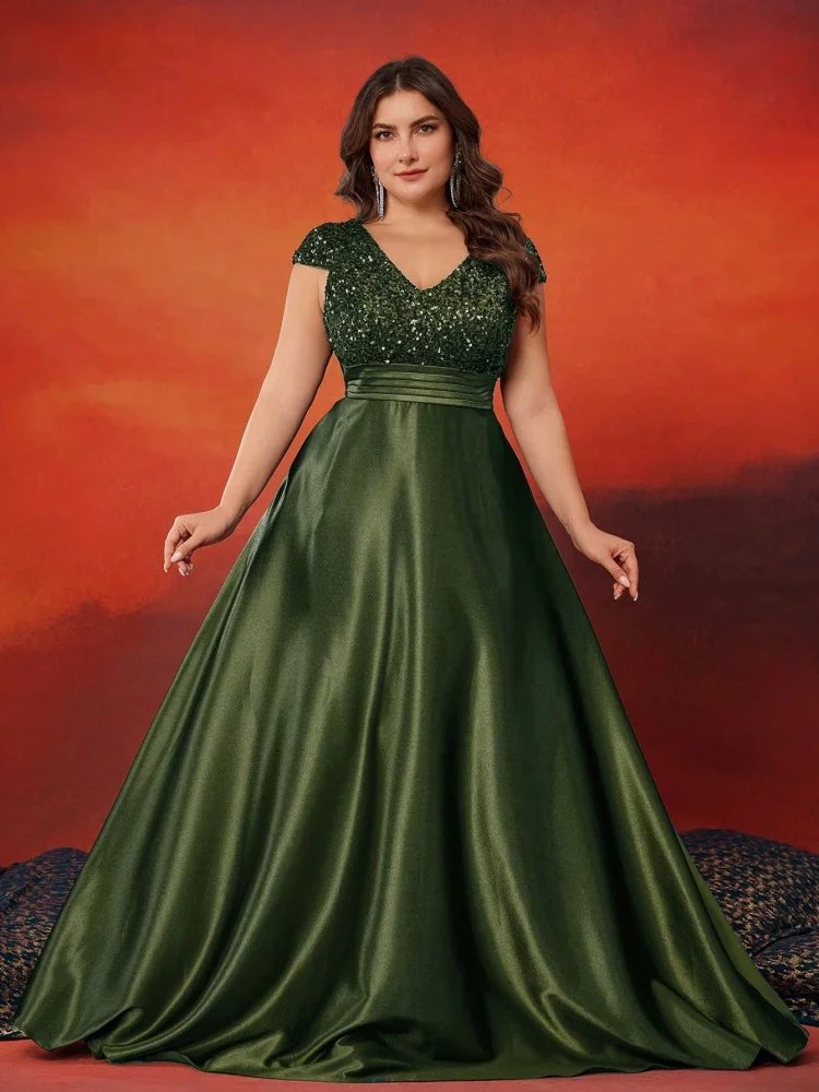 green satin short sleeve plus sizes evening dress-formal elegance