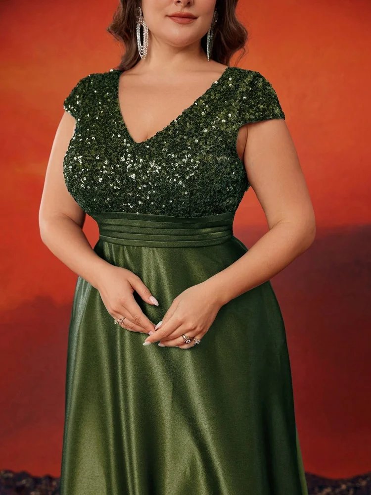 Plus Size Satin Sequin Short Sleeve Evening Dress