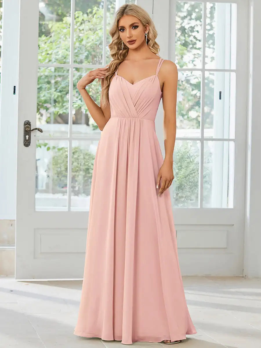 pink ruched v-neck spaghetti straps bridesmaid dress size 4-4W-formal elegance