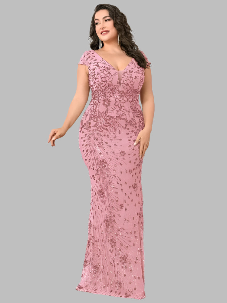 Pink floor length sequin evening dress with short cap sleeves and a v-neckline