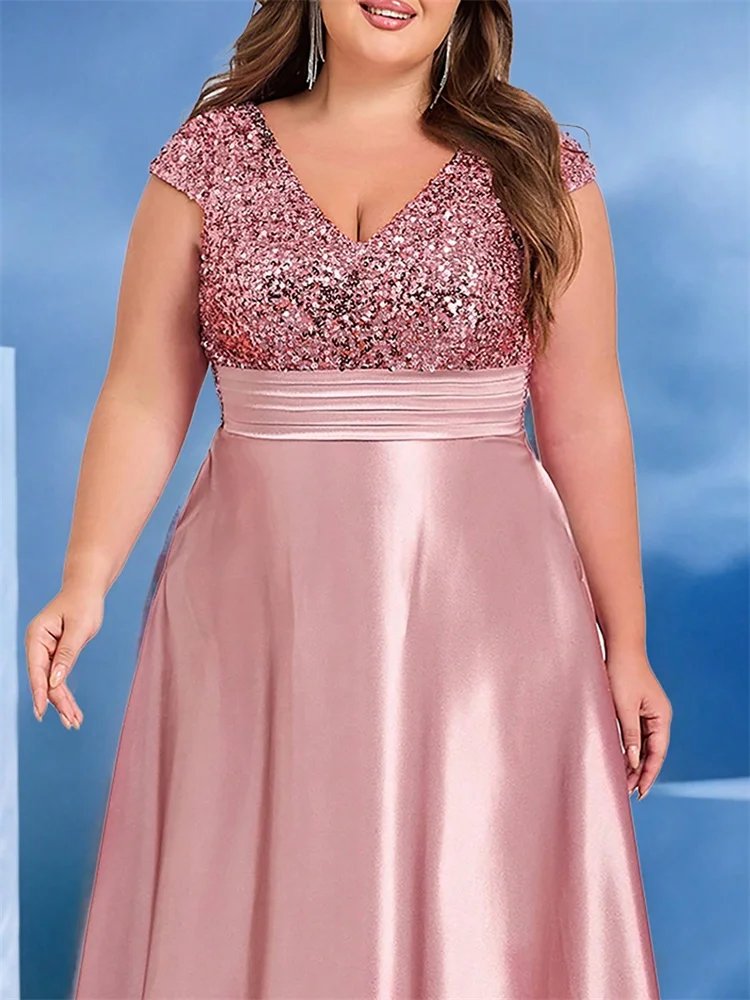 Plus Size Satin Sequin Short Sleeve Evening Dress