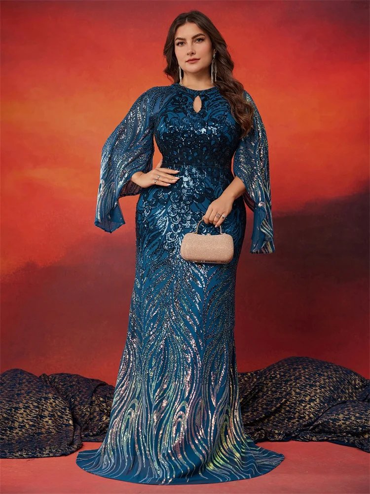plus sizes sequin sheath fir with bell sleeves blue and gold evening dress-formal elegance