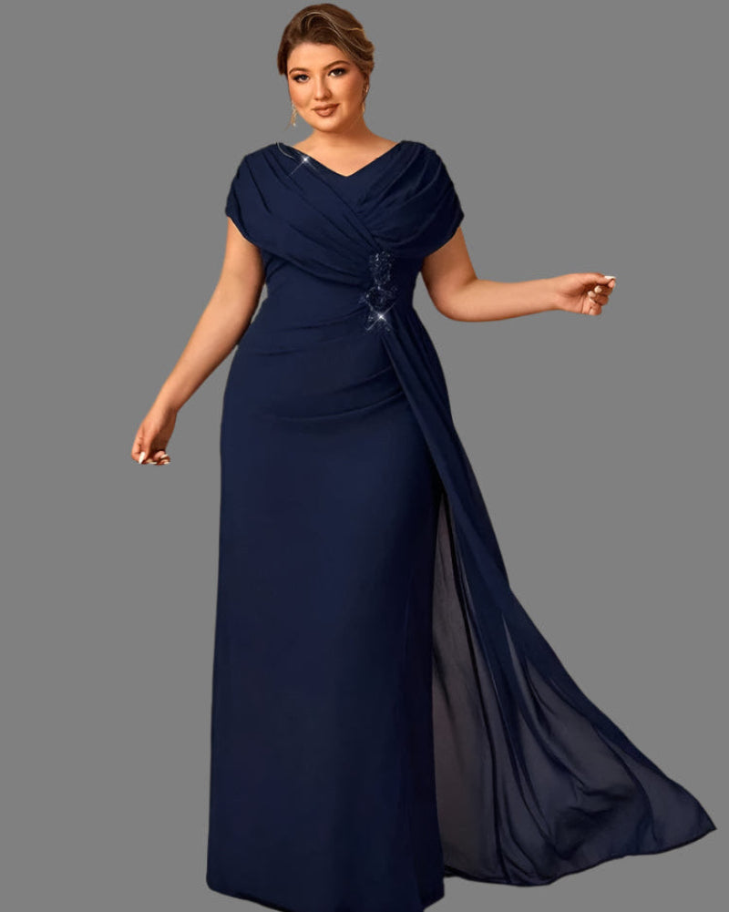 Navy chiffon A-line plus size dress, draped V-neck and flowing skirt with side slit