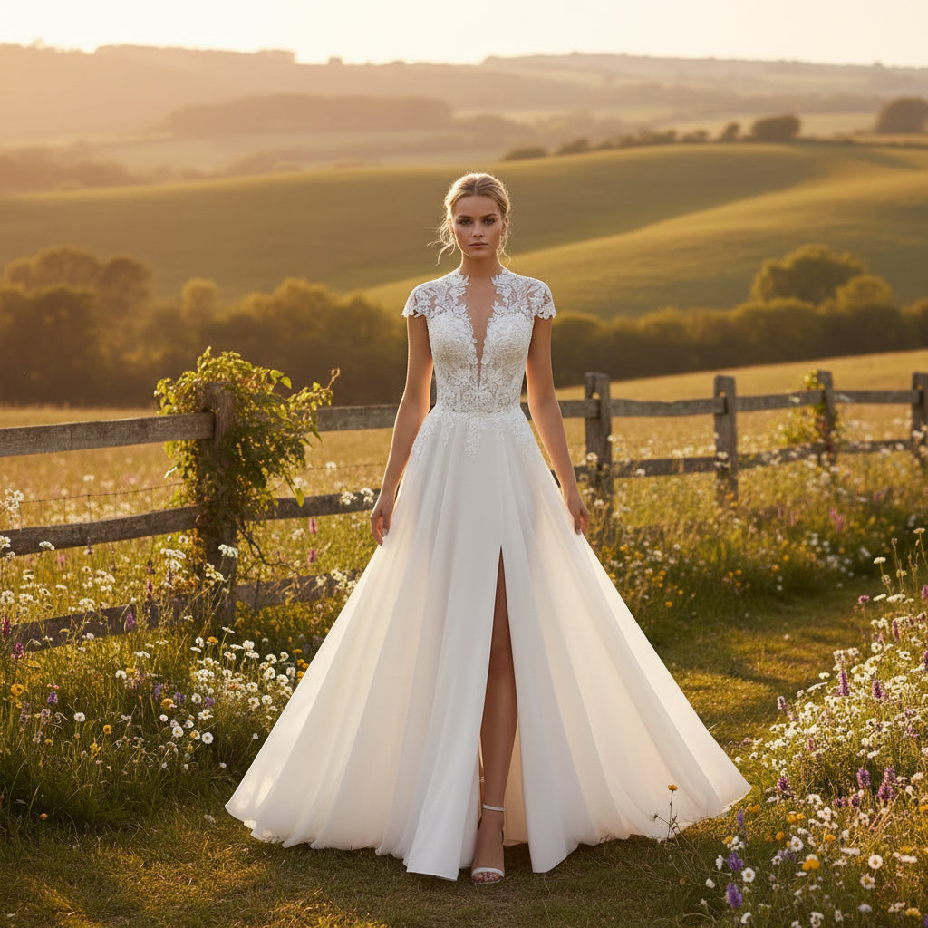 Ivory A-line wedding dress with lace V-neck bodice, short cap sleeves, front slit