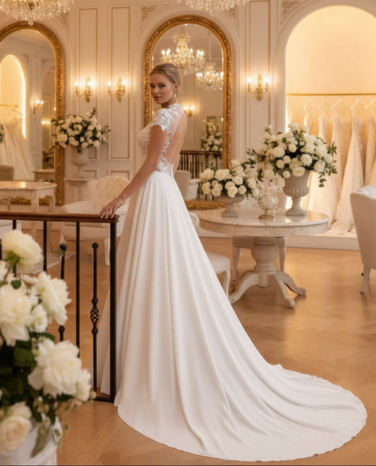 Ivory chiffon A-line wedding dress, back view with lace cap sleeves and flowing skirt