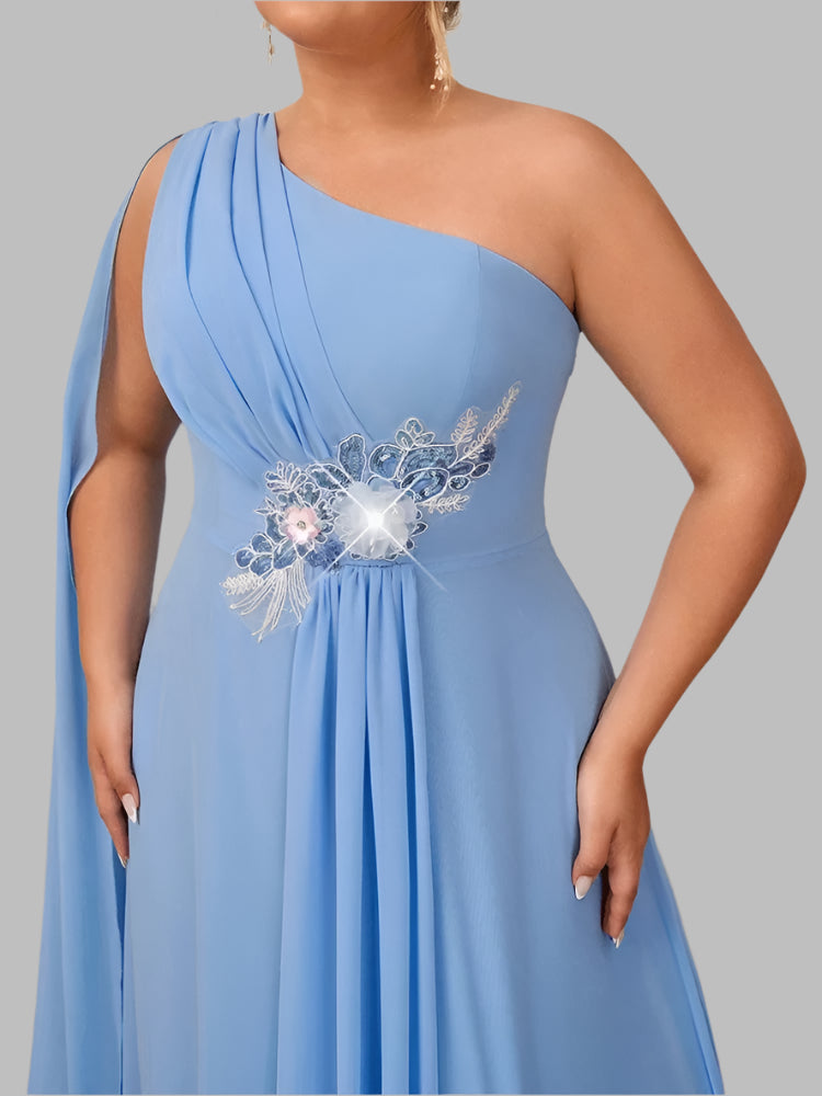 Plus Size One Shoulder Blue Chiffon Evening Dress