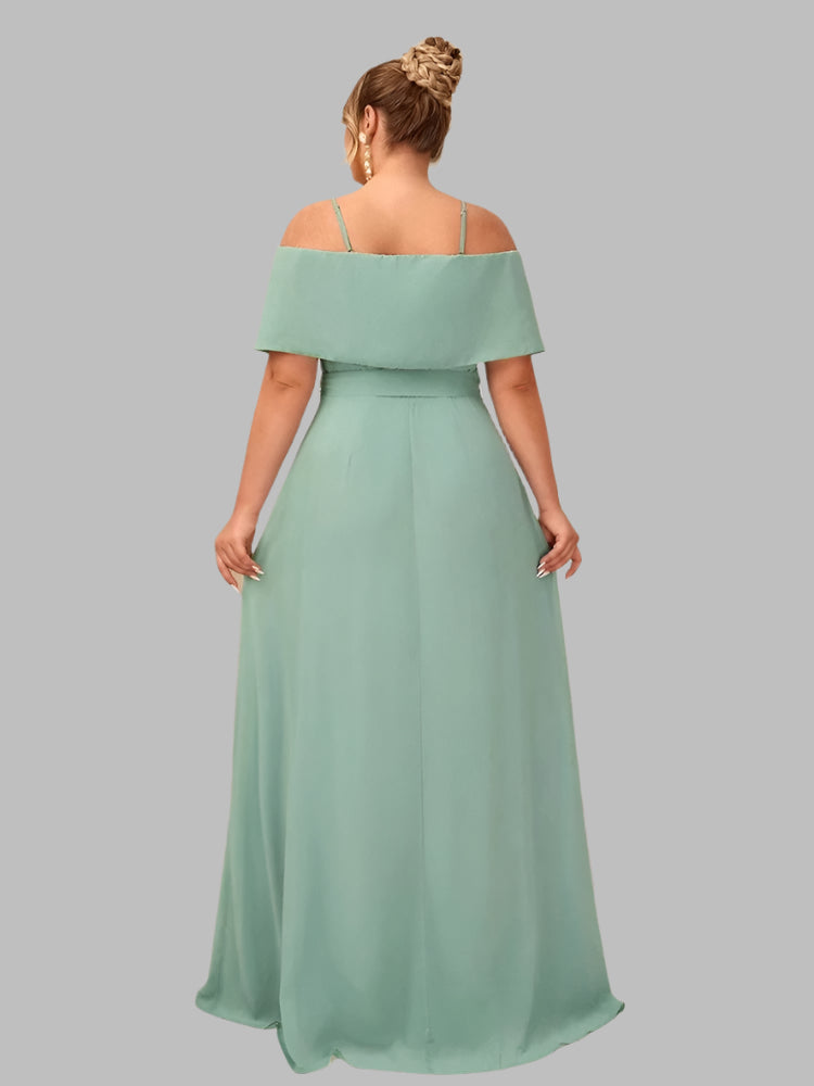 Green chiffon off the shoulder’s floor length evening dress-formal elegance