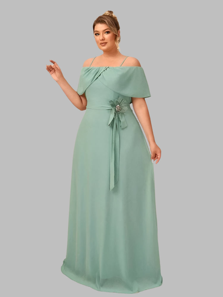 off the shoulders with tie waist and floral decoration dress made in chiffon fabric-formal elegance