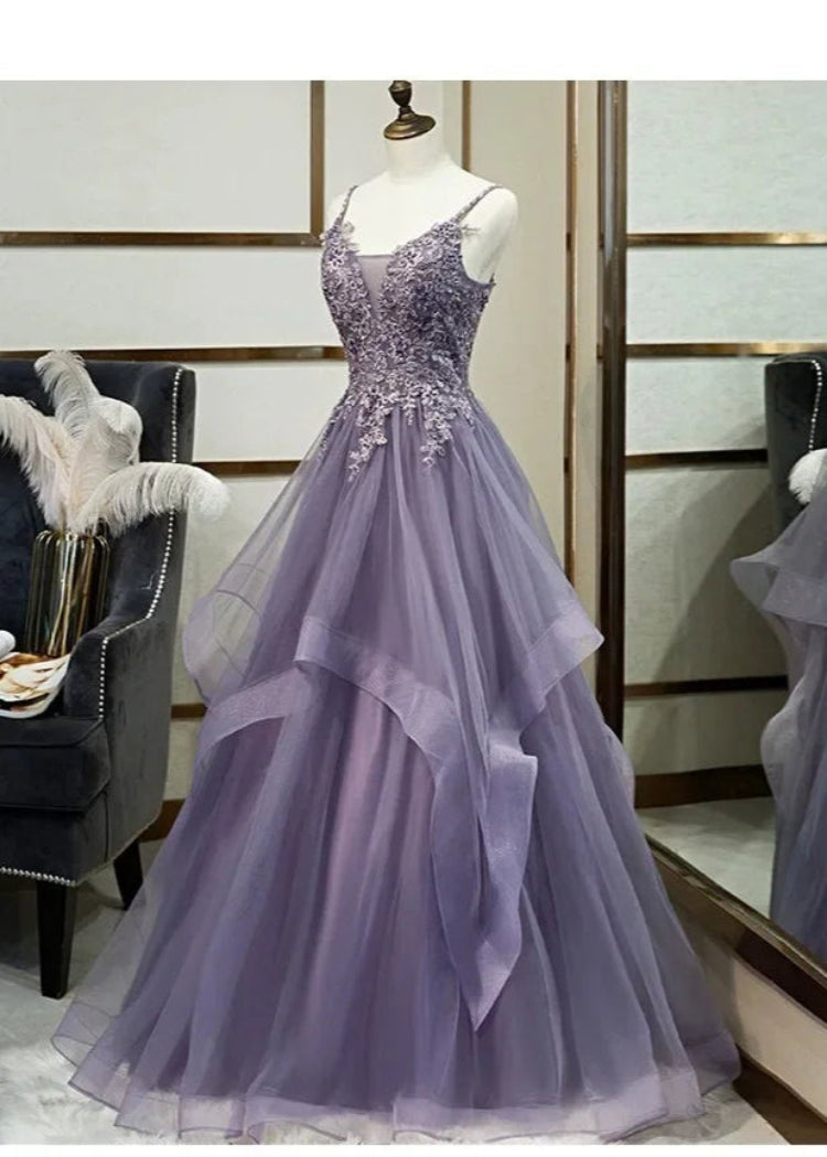 Purple Beaded Sequin Tulle Evening Formal Dress