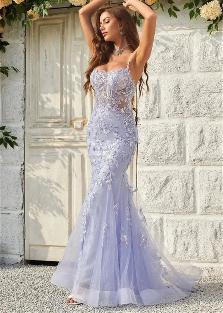 Purple Tulle Lace Sequin Mermaid Formal Dress