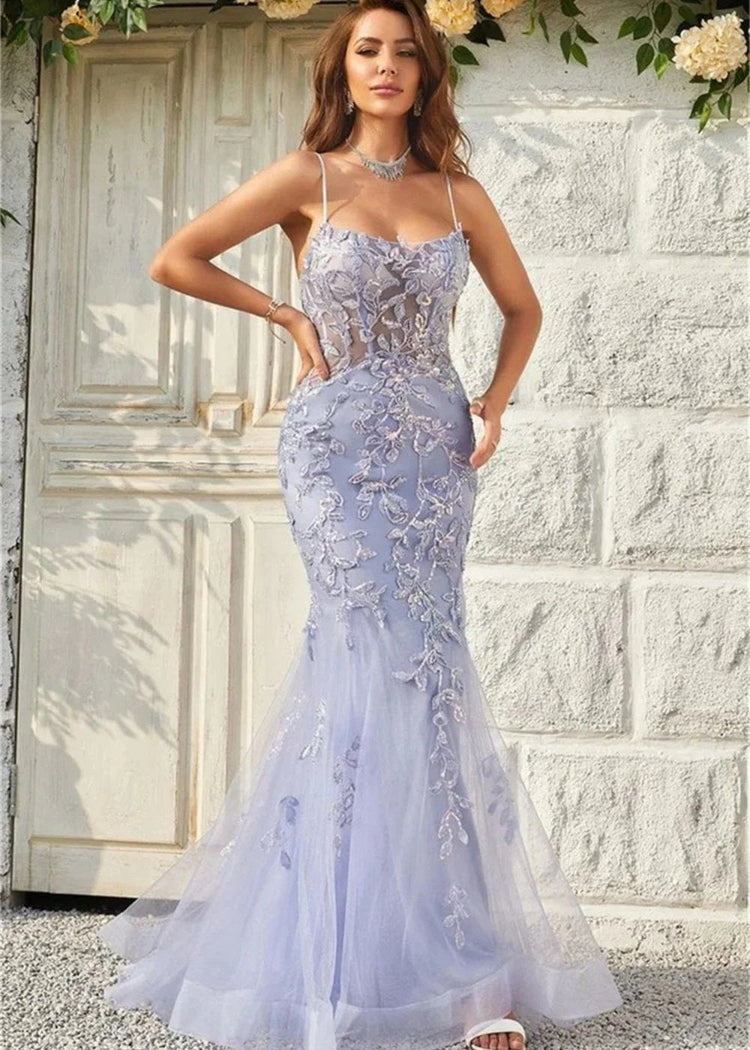 Light purple spaghetti straps beaded sequin tulle floor length mermaid design formal dress-formal elegance