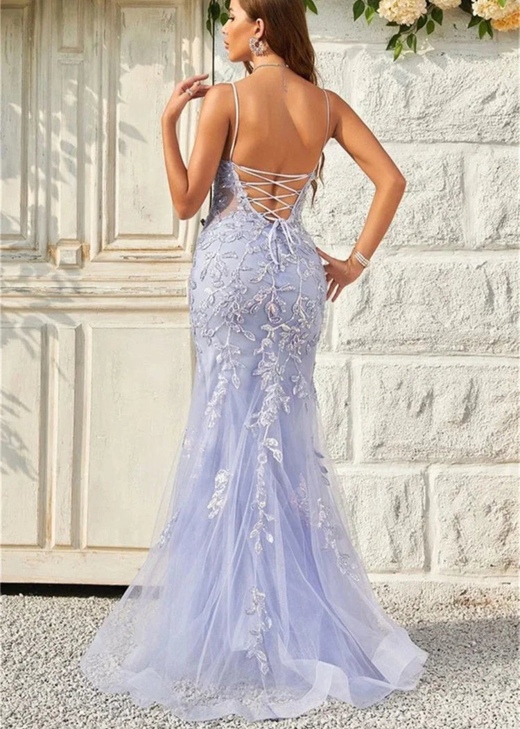 lace up back spaghetti straps purple mermaid evening formal dress-formal elegance