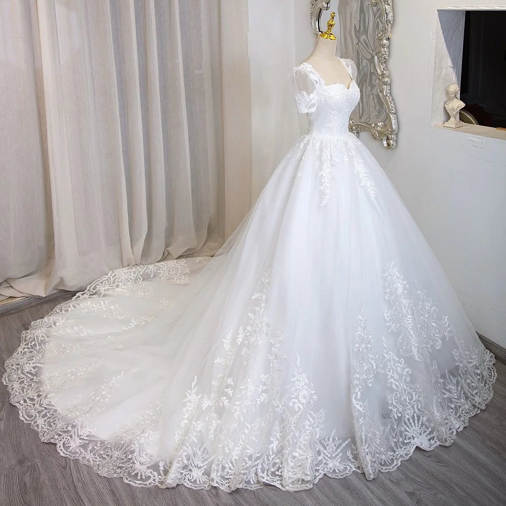 Romantic Beaded Lace Short Sleeve Bridal Gown