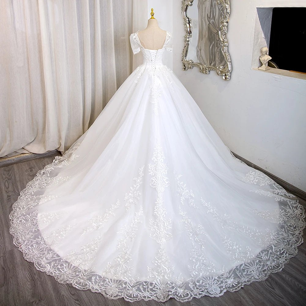 Romantic Beaded Lace Short Sleeve Bridal Gown