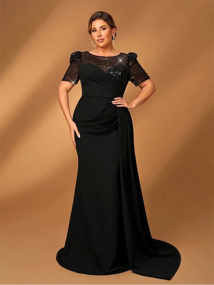 Round neck short sleeves long black formal dress