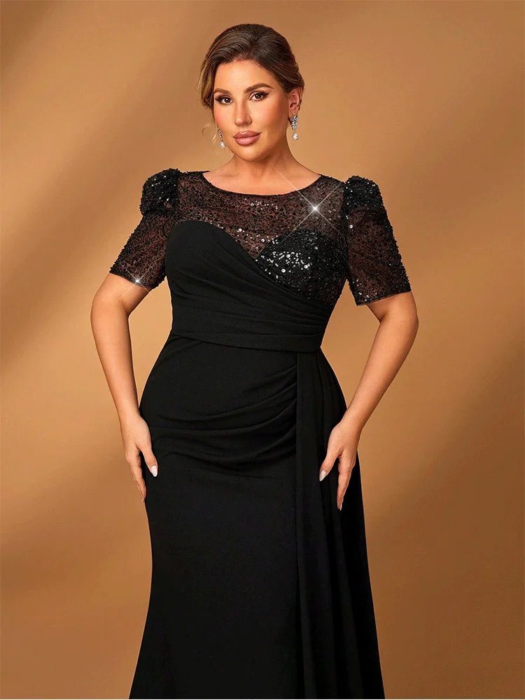 Round Neck Short Sleeve Black Evening Party Dress