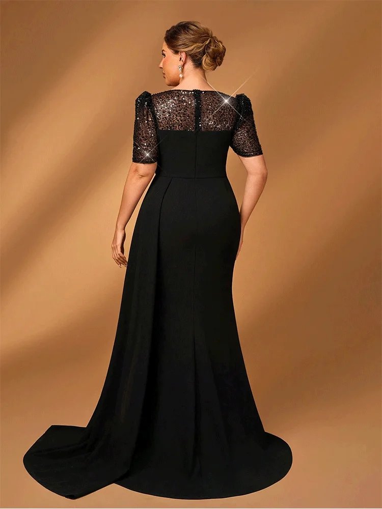 Sequin bodice black stretch jersey fabric evening party dress