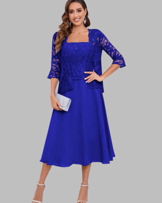 mother of the bride or groom two piece tea length dress, royal blue chiffon and matching lace jacket for wedding or evening attire