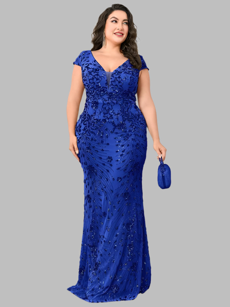 Electic blue sequins v-neck formal evening party dress