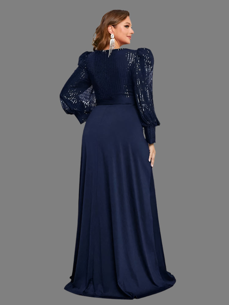 Navy Plus Size V-Neck Long-Sleeved Evening Dresses