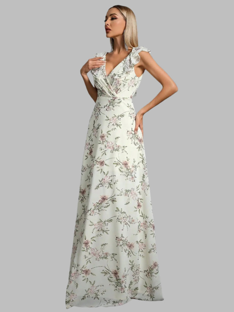 Floral Printed Chiffon Pleating Ruffles Maxi Party Dress