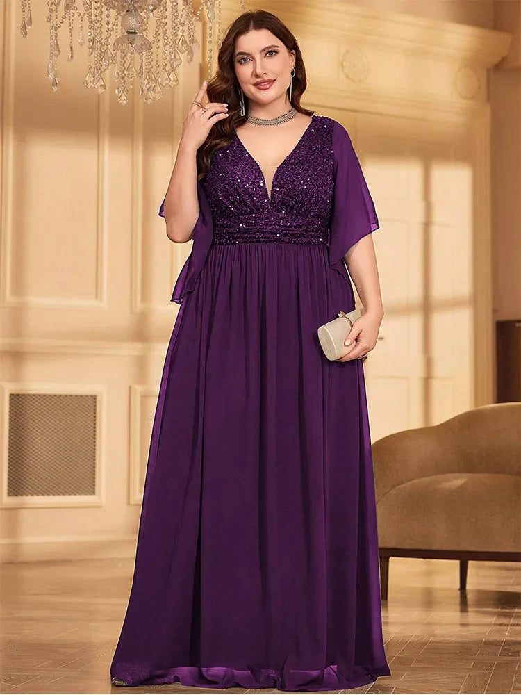 Purple Plus Size Chiffon V-Neck Sequined Evening Dress-Formal Elegance