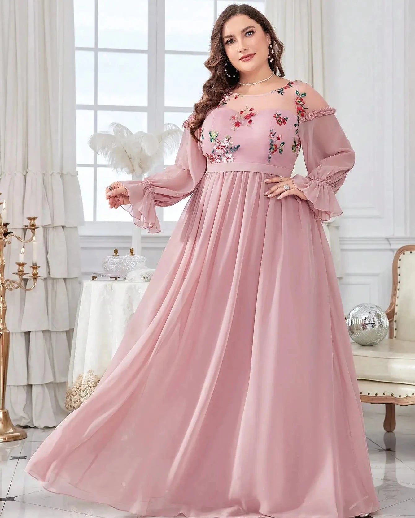 Pink chiffon evening dress with floral embroidery, bell-like sleeves, gathered waist pleats.