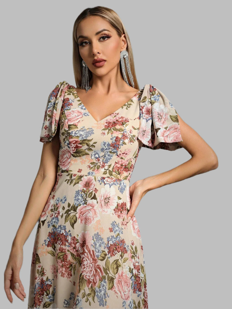 Floral Chiffon V Neck Short Sleeve Maxi Party Dress